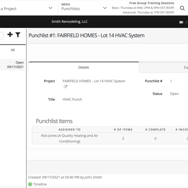 Contractor Foreman punchlists screen