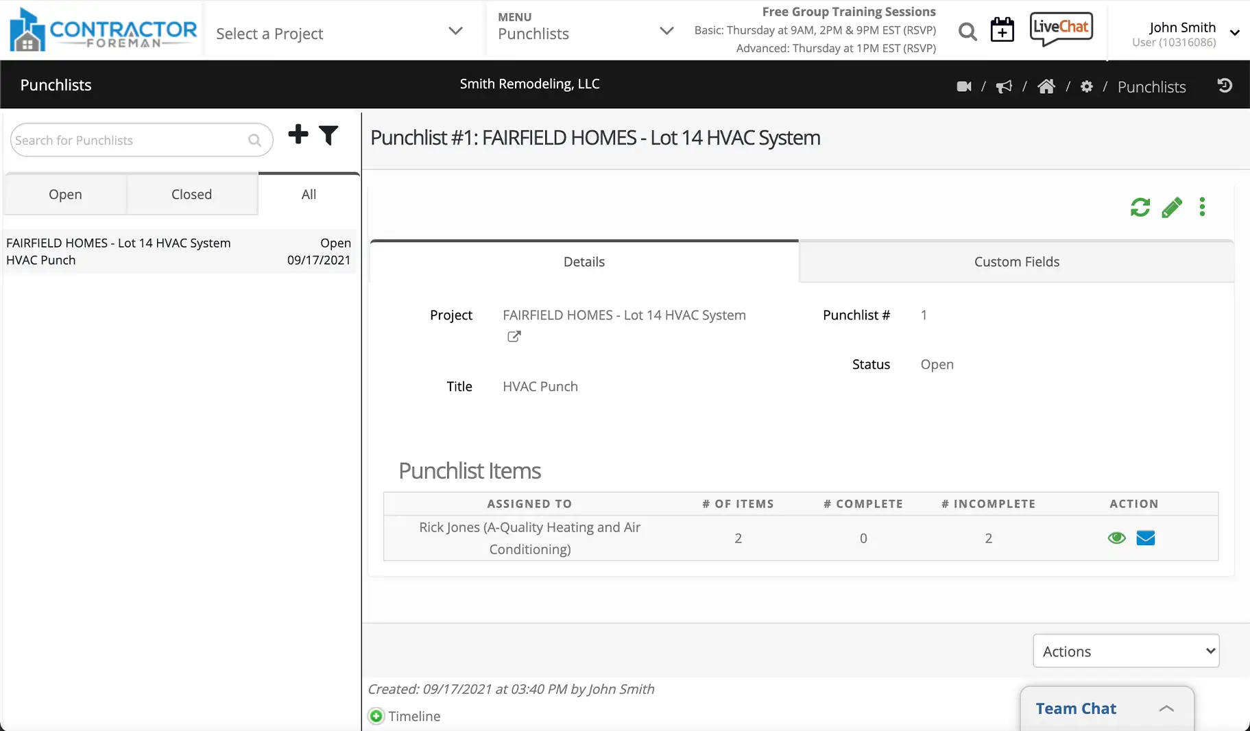 Contractor Foreman punchlists screen