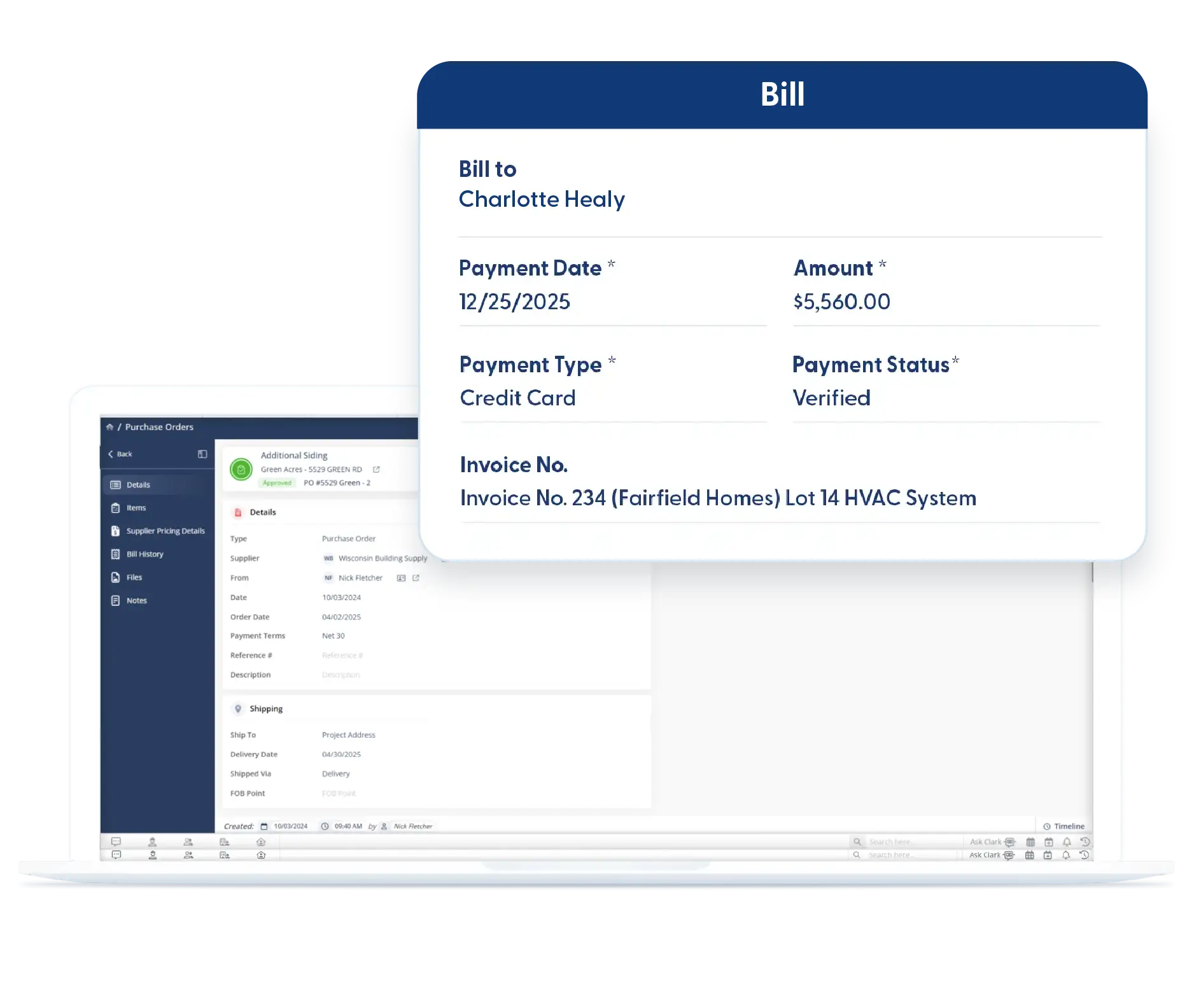 Contractor Foreman purchase orders screen
