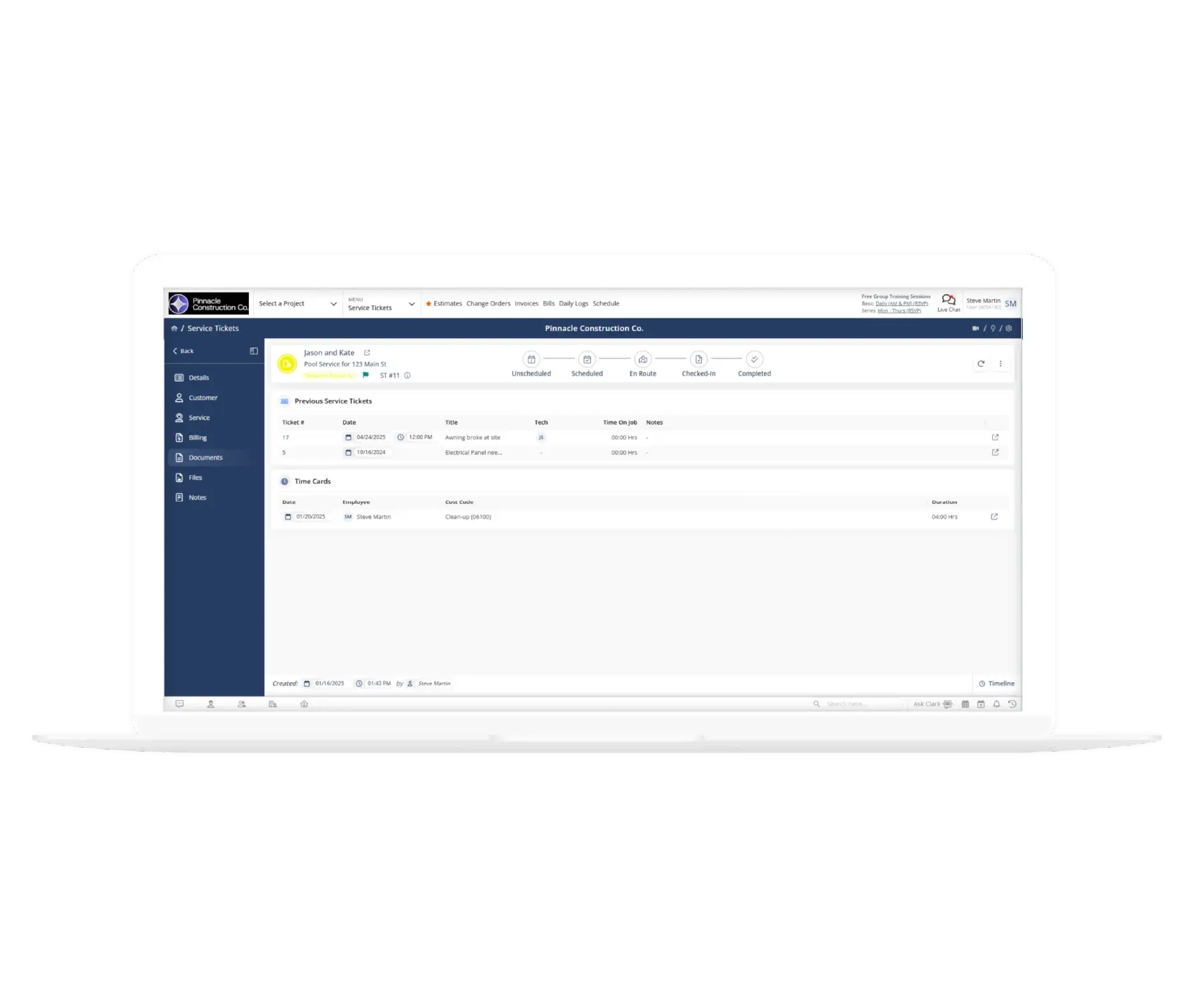 Service tickets dashboard in Contractor Foreman