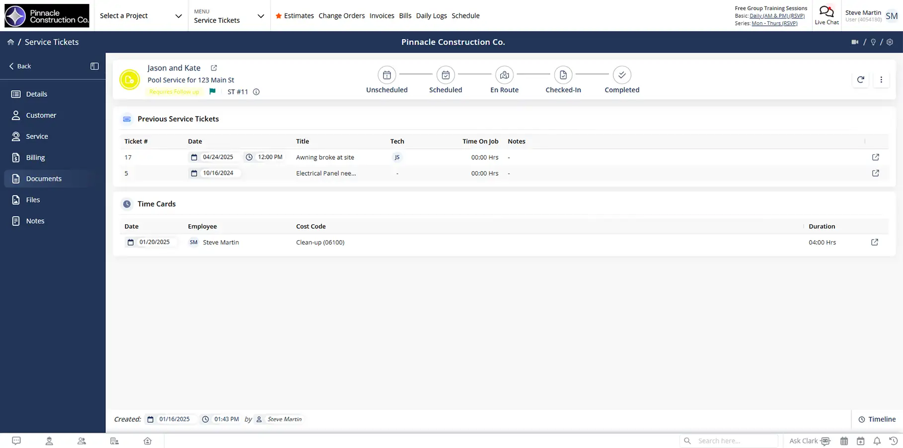 Managing service tickets on a construction project