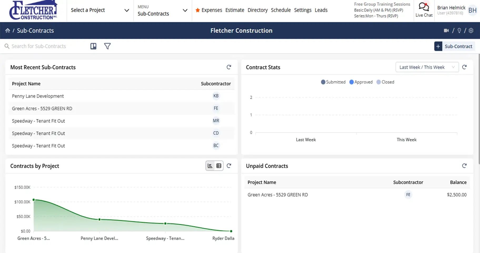 Contractor Foreman subcontracts screen