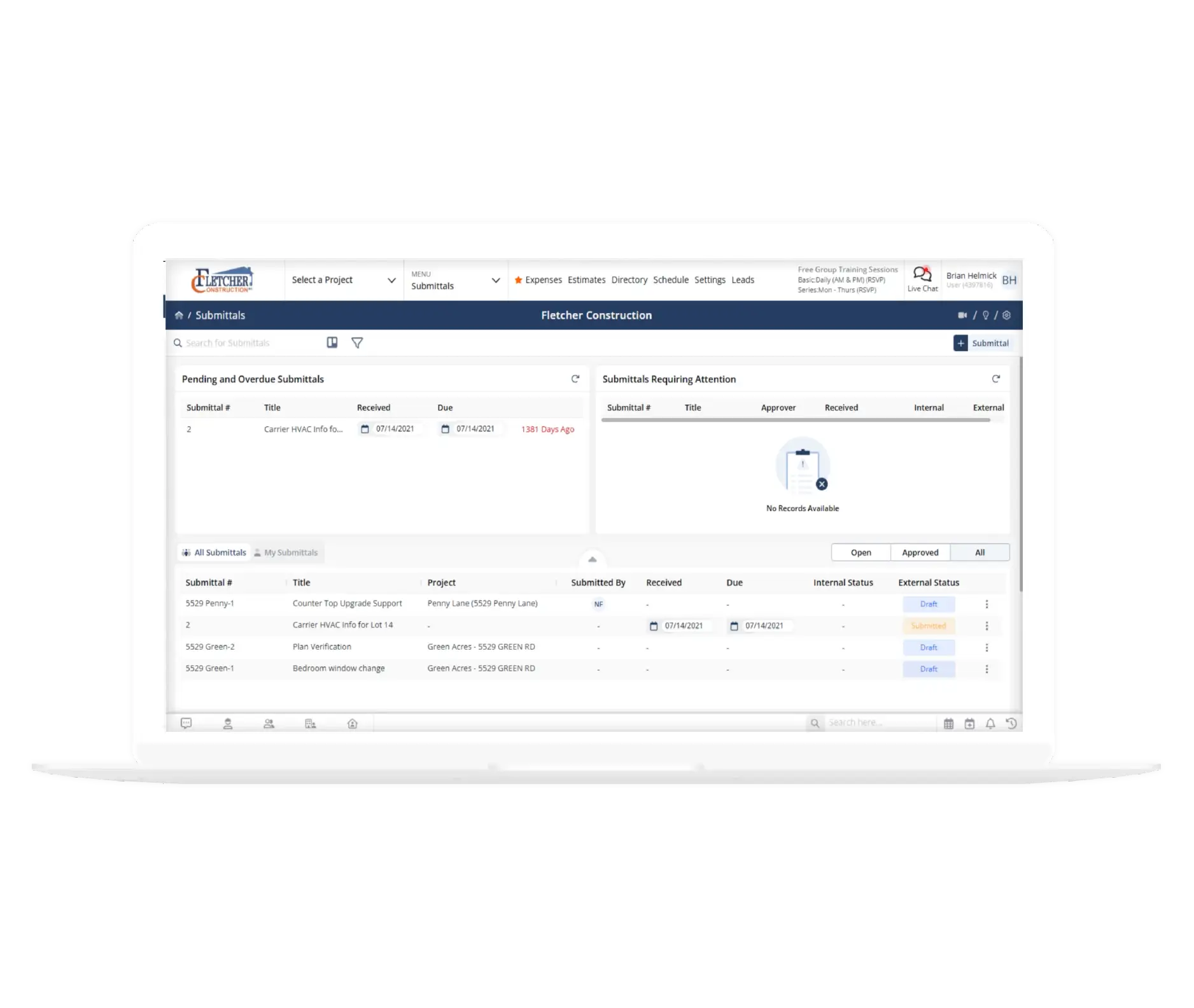 Contractor Foreman submittals screen