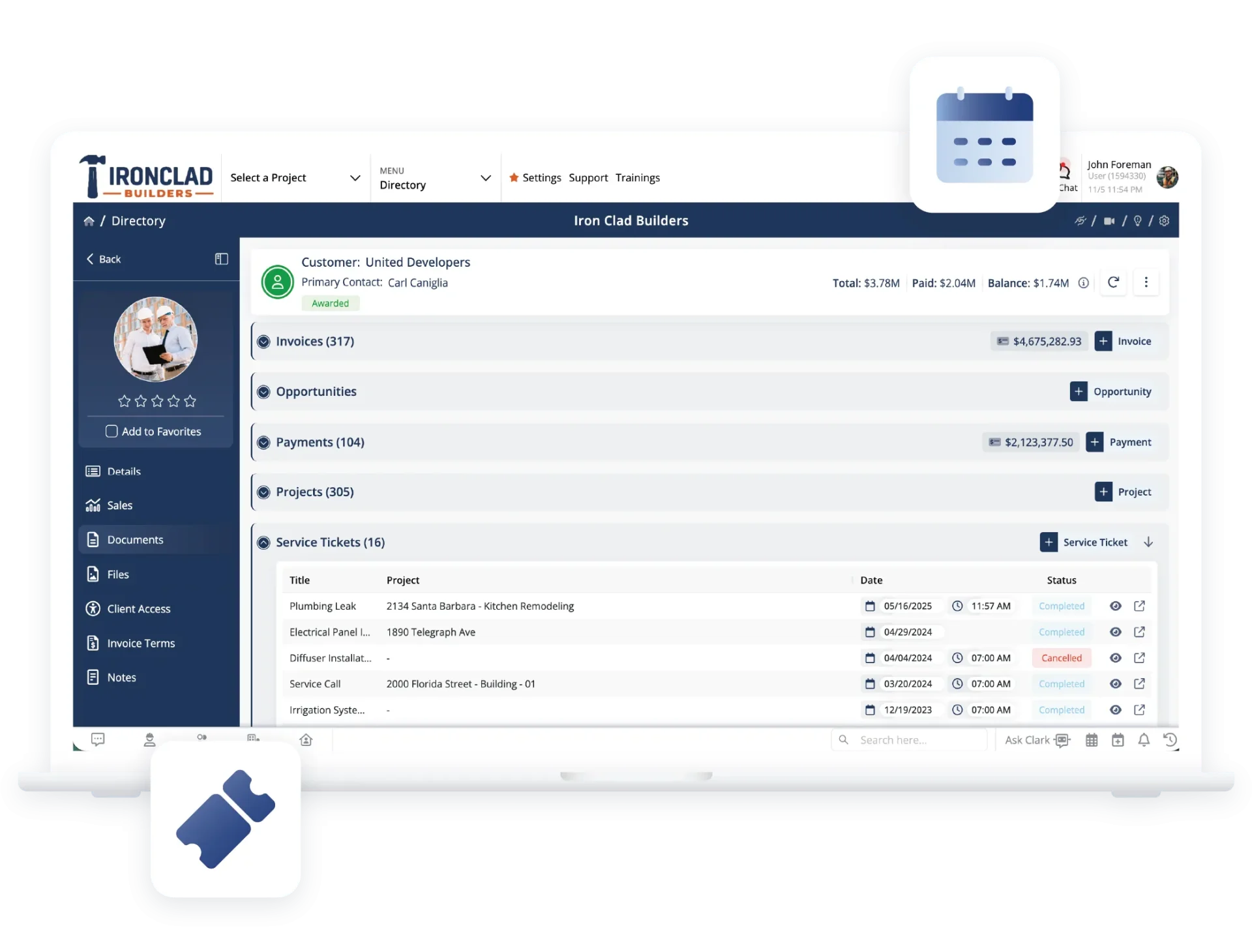 Contractor Foreman service tickets screen