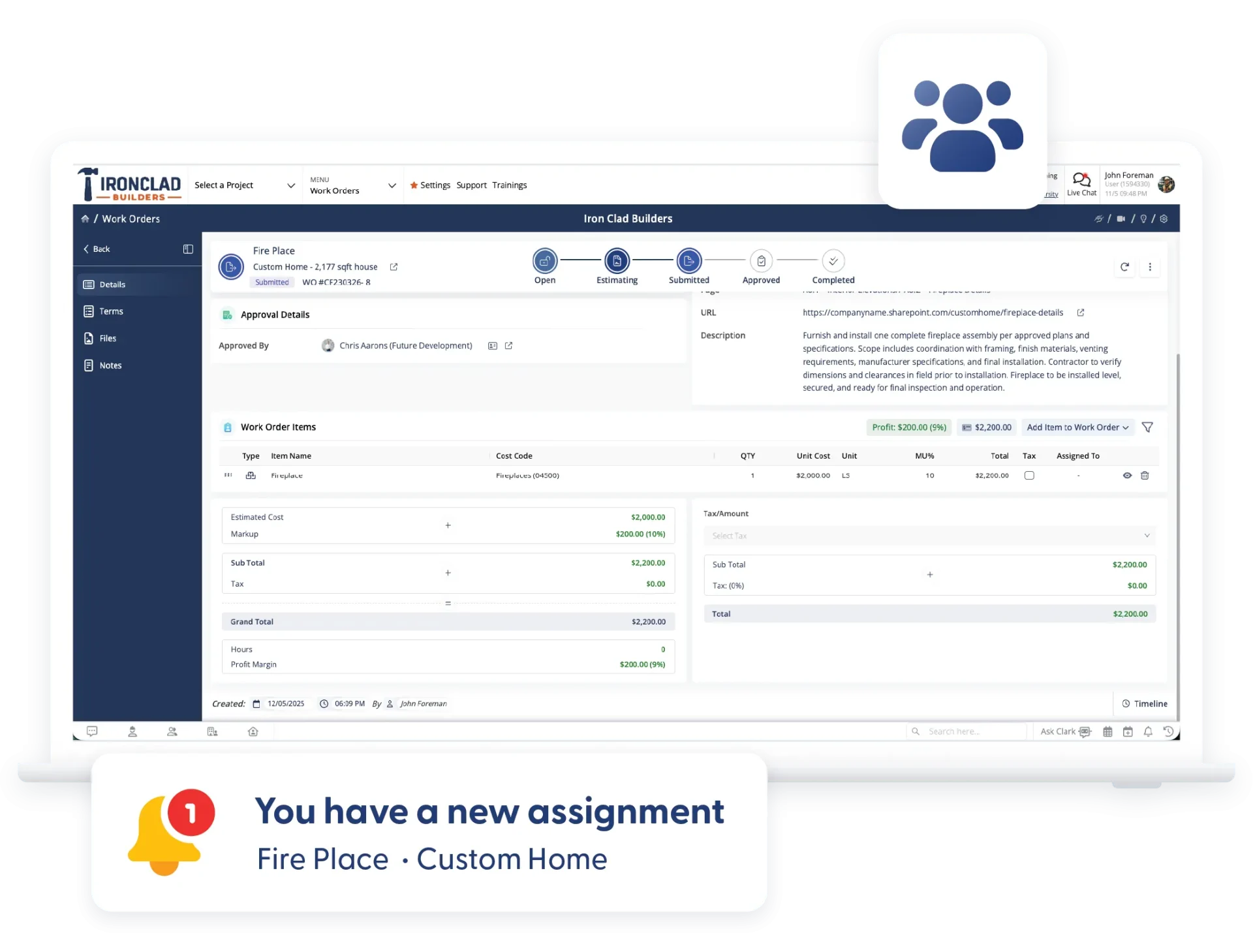 Contractor Foreman work orders screen